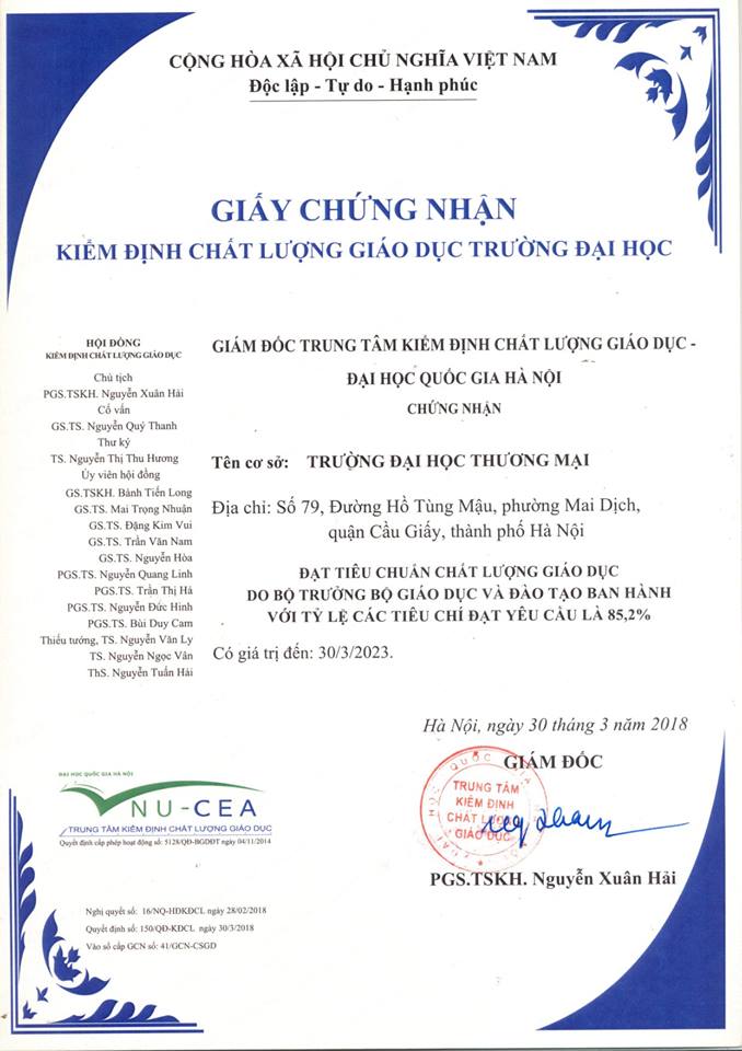 Trường Đại học Thương mại nhận Giấy chứng nhận kiểm định chất lượng giáo dục trường đại học